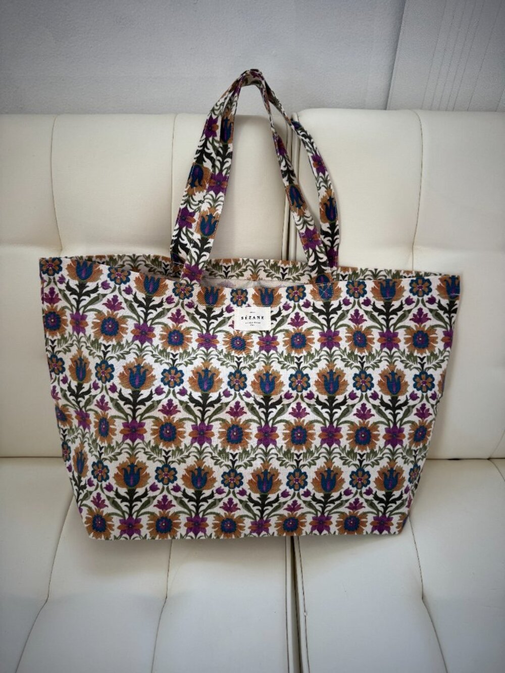 Sézane limited edition floral print tote bag, magenta navy green yellow, NWOT
